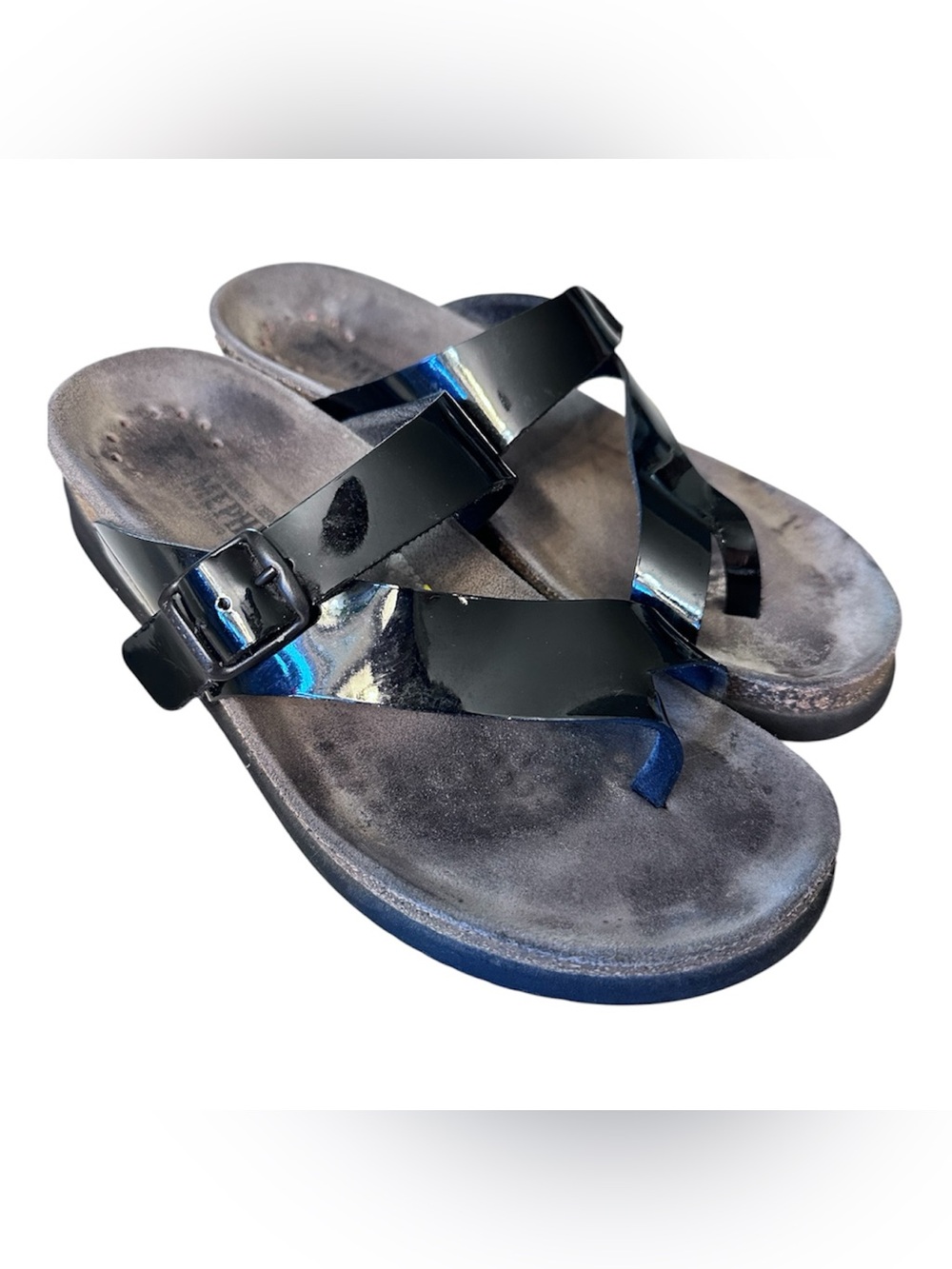 Mephisto Black Patent Leather Buckle Sandal